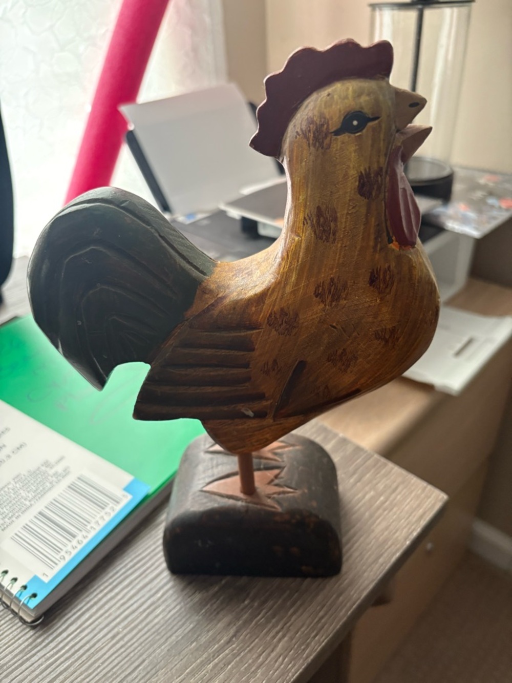 Hand-Carved Wooden Rooster Figurine - Yellow & Dark Green - Picture 2 of 10